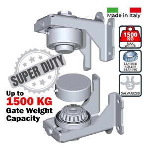 Italian-Made Ultra-Robust 1500 kg Commercial Grade Pivot Hinges with Tapered Roller Bearing and 5-hole Bracket to Fix. Suitable for Heavy Steel Swing Gates. Italian Made (FAC) Super Heavy-Duty Galvanised Pivot Hinges with Tapered Roller Bearing
