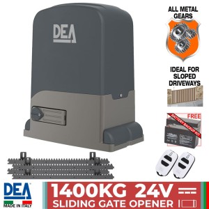 Super Duty 1400kg Sliding Gate Opener Kit | Italian Made by DEA. Automatic Gate Opener System with All-Metal Gear, Strong Sliding Gate Automation Motor, and Magnetic Limits. This strong automatic sliding gate opener system is ideal for sloped driveways.