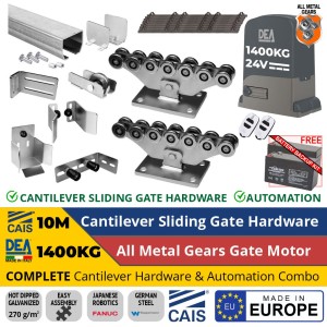 10M Complete Cantilever Gate Hardware and Automation All-In-One Package. Hot Dip Galvanised German Steel Cantilever Sliding Gate Hardware (Made in Europe by CAIS) and Super Duty 1400kg Sliding Gate Opener Kit | Italian Made by DEA. Automatic Gate Opener System with All-Metal Gear, Strong Sliding Gate Automation Motor, and Magnetic Limits.