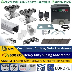 5M Complete Cantilever Gate Hardware and Automation Package. Hot Dip Galvanised German Steel Cantilever Sliding Gate Hardware (Made in Europe by CAIS) and Heavy Duty 500kg Sliding Gate Opener (Made in Italy)