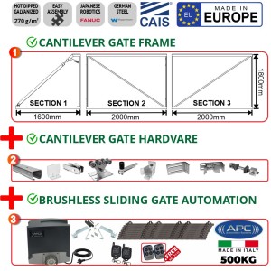 Complete Cantilever Gate & Hardware & Automation Combo for 4m Driveway | 1.8m High Cantilever Gate Frame and Cantilever Sliding Gate Hardware for 4m Driveway Trackless Sliding/Rolling Gate System (CAIS CONNECT 60 - 4.0/1.8 Made in Europe) with Italian Made Proteous-500 Heavy Duty 500kg Sliding Gate Opener Kit.