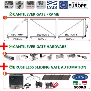 COMPLETE Cantilever Gate & Hardware & Automation Combo for 4m Driveway | 1.5m High Cantilever Gate Frame and Cantilever Sliding Gate Hardware for 4m Driveway Trackless Sliding/Rolling Gate System (CAIS CONNECT 60 - 4.0/1.5 Made in Europe) with Italian Made Proteous-500 Heavy Duty 500kg Sliding Gate Opener Kit.