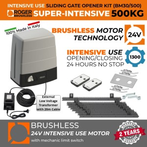 500 KG Automatic Sliding Gate Opener, Intensive Use 24V Brushless Electric Motor with Mechanical Limit Switch | 100% Italian Made by Roger Technology BM30/500 Sliding Driveway Gate Automation Remote Control System and Weatherproof External 24V Transformer with 20m Low Voltage Cable. High Torque, 100% Duty Cycle Brushless Sliding Electric Gate