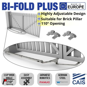 Bi-Fold Plus Swing Gate Hardware (Hinges Included) for Driveways | Perfectly designed for brick pillars and big posts (deep columns), the bi-fold twin drive plus swing gate hardware solution maximises flexible installation with an opening capacity of up to 110 degrees, and features a highly adjustable design. | Folding Swing Gates Hardware Space-Saving Feature, All-in-one Box (TWIN DRIVE PLUS) Made in Europe by CAIS. | Gates are not included.
