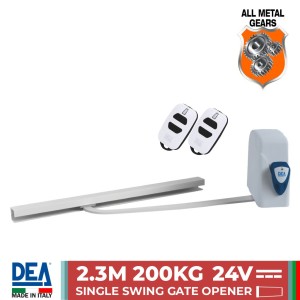 Swing Gate Opener DEA-MINI-2300-DC, 24V Italian Made All Metal Gear Swing Gate Motor with Built-In Control Board. Swing Gate Automation for Driveways with No Limits, 200kg or 2.3m maximum per gate leaf. Rall sliding arm, painted galvanised steel.