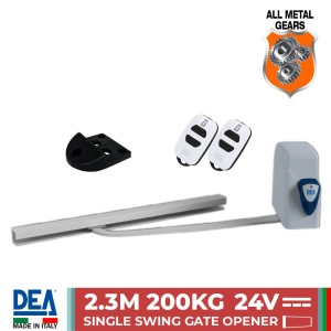 Single Swing Gate Opener Kit - DEA-MINI-2300-DC, 24V Italian Made All Metal Gear Swing Gate Motor with Built-In Control Board. Swing Gate Automation for Single Swing Driveways with No Limits, 200kg or 2.3m maximum per gate leaf. Rall sliding arm, painted galvanised steel.