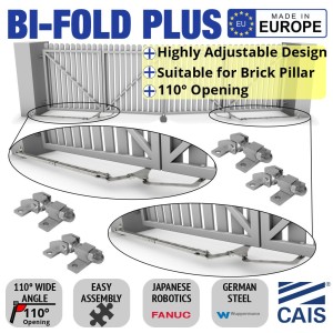 Bi-Fold Plus Double Swing Gate Hardware (Hinges Included) for Driveways | Perfectly designed for brick pillars and big posts (deep columns), the bi-fold twin drive plus double swing gate hardware solution maximises flexible installation with an opening capacity of up to 110 degrees, and features a highly adjustable design. | Folding Double Swing Gates Hardware Space-Saving Feature, All-in-one Box (TWIN DRIVE PLUS) Made in Europe by CAIS. | Gates are not included.