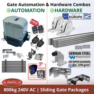 APC Typhoon 800KG Sliding Gate Automation System and European Made Premium Hardware Base Kit Package | Include APC Typhoon 800 Automatic Electric Sliding Driveway Gate Opener, Remotes, Retro Reflective Safety Sensor, Wireless Access Controller, Gate Track and European Sliding Gate Hardware Base Kit.