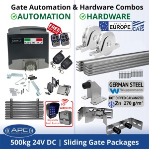 Sliding Gate Opener and European Made Premium Hardware, Complete Sliding Gate Automation Kit. Includes Extra Heavy Duty APC Proteous 500 Italian Made Automatic Electric Sliding Gate Motor, Remotes, Retro Reflective Safety Sensor, Wireless Access Controller, Gate Track and European Sliding Gate Hardware Base Kit.