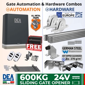 Complete Sliding Gate Automation with DEA Sliding Gate Opener and European Made Premium Hardware Base DIY Kit Includes Heavy Duty 600kg Italian made Sliding Gate Motor, Remote Controls, Free Battery Backup, Retro Reflective Safety Sensor, Gate Track and European Sliding Gate Hardware Base Kit
