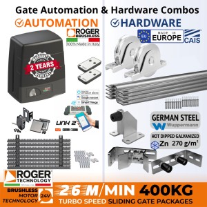 400kg Turbo-Speed Sliding Gate Opener Wi-Fi Access Control and European Made Premium Hardware DIY Kit Include 100% Italian Made by Roger Technology BM30 HS BRUSHLESS Sliding Gate Automation System, Remotes, Retro Reflective Safety Sensor, APC Link2 Wi-Fi Module, European Sliding Gate Hardware Set, Sliding Gate Track, Gate Wheels, Upper Rollers, End Stop/Catcher Bracket, Gate Stop.
