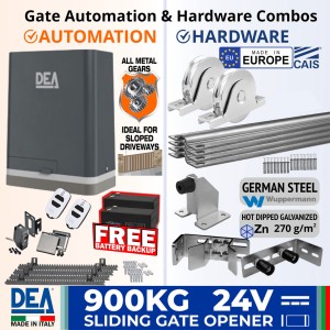 Complete Sliding Gate Automation Kit. DEA Sliding Gate Opener and European Made Premium Hardware Base DIY Kit Includes Heavy Duty 900kg Italian made Sliding Gate Motor, Remote Controls, Free Battery Backup, Retro Reflective Safety Sensor, Gate Track and European Sliding Gate Hardware Base Kit. Suitable Sliding Gate on Sloped Driveways.