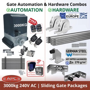 3000KG (3 Tonne) Commercial Grade Sliding Gate Automation System and European Made Premium Hardware, Complete Sliding Gate Automation Kit. Includes APC Typhoon 3000 Automatic Electric Sliding Gate AC Motor, Remotes, Retro Reflective Safety Sensor, Wireless Access Controller and European Sliding Gate Hardware Base Kit.