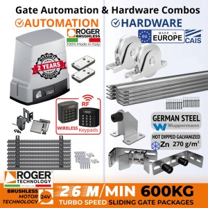 600kg Turbo-Speed Sliding Gate Opener and European Made Premium Hardware DIY Kit Include 100% Italian Made by Roger Technology BH30/604/HS BRUSHLESS Sliding Gate Automation System, Remotes, Retro Reflective Safety Sensor, Wireless Keypads Secure Access Controller, European Sliding Gate Hardware Set, Sliding Gate Track, Gate Wheels, Upper Rollers, End Stop/Catcher Bracket, Gate Stop.