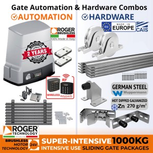 1000kg Sliding Gate Opener and European Made Premium Hardware DIY Kit Include 100% Italian Made by Roger Technology BH30 BRUSHLESS Sliding Gate Automation System, Remotes, Retro Reflective Safety Sensor, Wireless Keypads Secure Access Controller, European Sliding Gate Hardware Set, Sliding Gate Track, Gate Wheels, Upper Rollers, End Stop/Catcher Bracket, Gate Stop.