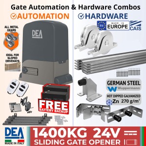DEA Sliding Gate Opener and European Made Premium Hardware, Complete Sliding Gate Automation DIY Kit Includes Heavy Duty 1400kg Italian made Sliding Gate Motor, Remote Controls, Free Battery Backup, Retro Reflective Safety Sensor, Gate Track and European Sliding Gate Hardware Base Kit. This strong automatic sliding gate opener system is ideal for sloped driveways.