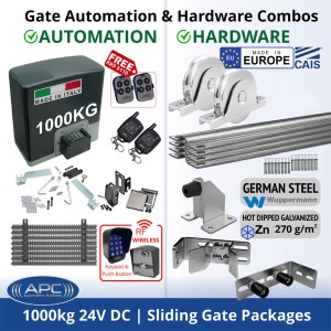 Super Duty 1000 KG Sliding Gate Opener and Premium Hardware, Complete Sliding Gate Automation Kit. Include APC Proteous P1000 Italian Made Super Duty Automatic Electric Sliding Gate Motor, Remotes, Retro Reflective Safety Sensor, Wireless Access Controller and European Made Sliding Gate Hardware