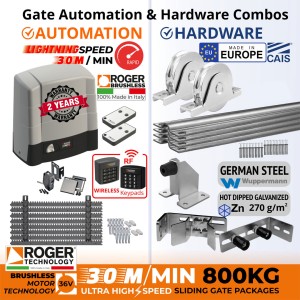 800kg Lightning Speed Brushless 36V Sliding Gate Opener and European Made Premium Hardware DIY Kit Include 100% Italian Made by Roger Technology BG30/804/HS BRUSHLESS 36V Sliding Gate Automation System, Remotes, Retro Reflective Safety Sensor, Wireless Keypads Secure Access Controller, European Sliding Gate Hardware Set, Sliding Gate Track, Gate Wheels, Upper Rollers, End Stop/Catcher Bracket, Gate Stop.
