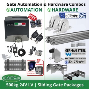 Complete Sliding Gate Automation Kit. Sliding Gate Opener and European Made Premium Hardware Base DIY Low Volatage Kit Includes Extra Heavy Duty APC Proteous 500 Italian Made Automatic Electric Sliding Gate Motor, External 24V Transformer with 20m Low Voltage Cable, Remotes, Retro Reflective Safety Sensor, Wireless Access Controller, Gate Track and European Sliding Gate Hardware Base Kit.