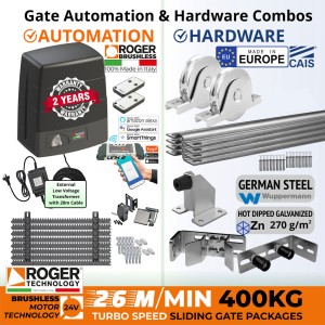 400kg Turbo-Speed Sliding Gate Opener Wi-Fi Access Control and European Made Premium Hardware DIY Low Voltage Kit Include 100% Italian Made by Roger Technology BM30 HS BRUSHLESS Sliding Gate Automation System, Remotes, APC Link2 Wi-Fi Module, External 24V Transformer with 20m Low Voltage Cable, Retro Reflective Safety Sensor, European Sliding Gate Hardware Set, Sliding Gate Track, Gate Wheels, Upper Rollers, End Stop/Catcher Bracket, Gate Stop.
