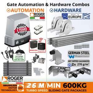600kg Turbo-Speed Sliding Gate Opener and European Made Premium Hardware DIY Low Voltage Kit Include 100% Italian Made by Roger Technology BH30 HS BRUSHLESS Sliding Gate Automation System, Remotes, External 24V Transformer with 20m Low Voltage Cable, Retro Reflective Safety Sensor, Wireless Keypads Secure Access Controller, European Sliding Gate Hardware Set, Sliding Gate Track, Gate Wheels, Upper Rollers, End Stop/Catcher Bracket, Gate Stop.