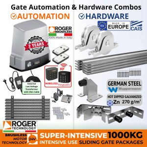 1000kg Sliding Gate Opener and European Made Premium Hardware DIY Low Voltage Kit Include 100% Italian Made by Roger Technology BH30 BRUSHLESS Sliding Gate Automation System, Remotes, External 24V Transformer with 20m Low Voltage Cable, Retro Reflective Safety Sensor, Wireless Keypads Secure Access Controller, European Sliding Gate Hardware Set, Sliding Gate Track, Gate Wheels, Upper Rollers, End Stop/Catcher Bracket, Gate Stop.