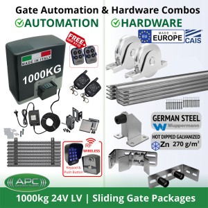 Super Duty 1000 KG Sliding Gate Opener and Premium Hardware DIY Low Voltage Complete Sliding Gate Automation Kit.Include APC Proteous P1000 Italian Made Super Duty Automatic Electric Sliding Gate Motor, Remotes, External 24V Transformer with 20m Low Voltage Cable, Retro Reflective Safety Sensor, Wireless Access Controller and European Made Sliding Gate Hardware