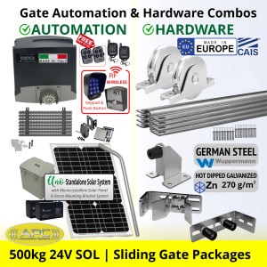 Solar OFF GRID Sliding Gate Opener and European Made Premium Hardware, Complete Sliding Gate Automation Kit. Includes Extra Heavy Duty APC Proteous 500 Italian Made Automatic Electric Sliding Gate Motor, Remotes, Retro Reflective Safety Sensor, Wireless Access Controller, Gate Track and European Sliding Gate Hardware Base Kit.
