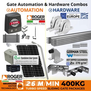 Solar Powered 400kg Turbo-Speed Sliding Gate Opener and European Made Premium Hardware DIY Kit Include 100% Italian Made by Roger Technology BM30 HS BRUSHLESS Sliding Gate Automation System, Remotes, Retro Reflective Safety Sensor, Antenna, European Sliding Gate Hardware Set, Sliding Gate Track, Gate Wheels, Upper Rollers, End Stop/Catcher Bracket, Gate Stop.