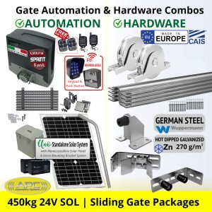 Solar Powered Ultra Fast Sliding Gate Opener and European Made Premium Hardware, Complete Sliding Gate Automation Kit. Include Extra Heavy Duty APC Proteous 450 Sprint Italian Made Ultra Fast Automatic Electric Sliding Gate Motor, Remotes, Retro Reflective Safety Sensor, Wireless Access Controller and European Sliding Gate Hardware Base Kit.