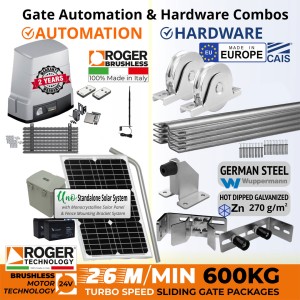 Solar Off Grid 600kg Turbo-Speed Sliding Gate Opener and European Made Premium Hardware DIY Kit Include 100% Italian Made by Roger Technology BH30/604/HS BRUSHLESS Sliding Gate Automation System, Remotes, Retro Reflective Safety Sensor, Antenna, European Sliding Gate Hardware Set, Sliding Gate Track, Gate Wheels, Upper Rollers, End Stop/Catcher Bracket, Gate Stop.