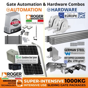 Solar Powered 1000kg Sliding Gate Opener and European Made Premium Hardware DIY Kit Include 100% Italian Made by Roger Technology BH30 BRUSHLESS Sliding Gate Automation System, Remotes, Retro Reflective Safety Sensor, Antenna, European Sliding Gate Hardware Set, Sliding Gate Track, Gate Wheels, Upper Rollers, End Stop/Catcher Bracket, Gate Stop.