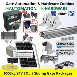 Solar Powered Super Duty 1000 KG Sliding Gate Opener and Premium Hardware, Complete Sliding Gate Automation Kit. Include APC Proteous P1000 Italian Made Super Duty Automatic Electric Sliding Gate Motor, Remotes, Retro Reflective Safety Sensor, Wireless Access Controller and European Made Sliding Gate Hardware