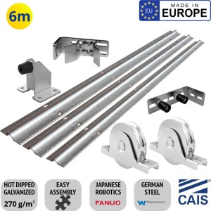 Up to 6m Complete Commercial Sliding Gate Hardware Kit | European Made Heavy Duty Hot Dipped Galvanized German Steel Sliding Gate Hardware Kit With 3m Ground Track, Double Bearing Sliding Gates Wheels, Adjustable End Stop Bracket Set, Upper Rollers, Bolt Down Gate Stop | Made in Europe by CAIS