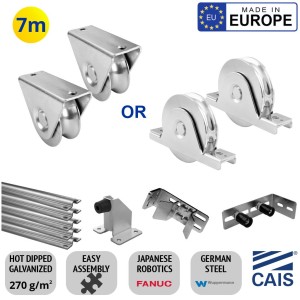 7m Sliding Gate Hardware Premium Kit | European Made Heavy Duty Hot Dipped Galvanized German Steel Sliding Gate Hardware Kit With Ground Track, Wheels, Adjustable End Stop Bracket Set, Upper Rollers, Bolt Down Gate Stop | Made in Europe by CAIS.