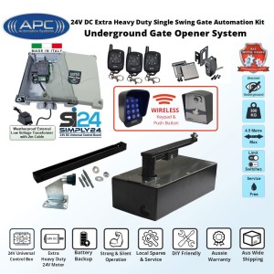 Discreet Underground Automatic Gate Wireless Controller Kit with Italian-Made Simply 24 Universal Control Box, APC-UG1400C Extra Heavy Duty All Metal Gears Underground Gate Motor, Adjustable Limit Switches, Safety Sensor, Wireless Keypad and Push Button Switch, Remote Controls, Single Swing Gate Automation