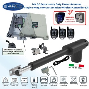 Driveway Gate Automation DIY Kit with Wireless Keypad and Push Button Switches Controller. Extra Heavy Duty Italian-Made APC PT-5000 Linear Actuator Automatic Electric Gate Opener