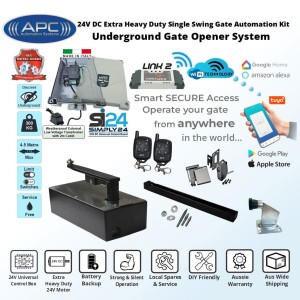 Discreet Underground Automatic Gate WiFi Smart Kit with Italian-Made Simply 24 Universal Control Box, APC-UG1400C Extra Heavy Duty All Metal Gears Underground Gate Motor, Adjustable Limit Switches, Safety Sensor, Remote Controls, WiFi Smart Switch, Single Swing Gate Opener