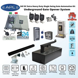 DIY Gate Opener Super Secure Kit Discreet Underground Automatic Gate System with Italian-Made Simply 24 Universal Control Box, APC-UG1400C Extra Heavy Duty All Metal Gears Underground Gate Motor, Adjustable Limit Switches, Safety Sensor, Electric Gate Lock, Keypad with EM card Reader, Push Button Switch, Remote Controls, Single Swing Gate Automation