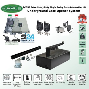 DIY Gate Opener Trade Kit Discreet Underground Automatic Gate System with Italian-Made Simply 24 Universal Control Box, 24V External Transformer and 20m Low Voltage Cable, APC-UG1400C Extra Heavy Duty All Metal Gears Underground Gate Motor, Adjustable Limit Switches, Safety Sensor, Remote Controls, Single Swing Gate Automation