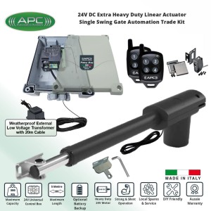 APC Single Swing Driveway Gate Automation 24V Low Voltage System with Extra Heavy Duty Italian Made Proteous PT-5000 Telescopic Linear Actuator, Remote Control Gate Opener