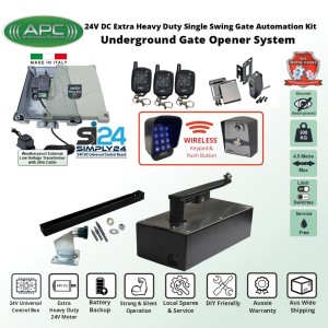 Discreet Underground Automatic Gate Wireless Controller Kit with Italian-Made Simply 24 Universal Control Box, 24V External Transformer and 20m Low Voltage Cable, APC-UG1400C Extra Heavy Duty All Metal Gears Underground Gate Motor, Adjustable Limit Switches, Safety Sensor, Wireless Keypad and Push Button Switch, Remote Controls, Single Swing Gate Automation