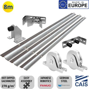 Up to 8m Complete Commercial Sliding Gate Hardware Kit | European Made Heavy Duty Hot Dipped Galvanized German Steel Sliding Gate Hardware Kit With 3m Ground Track, Double Bearing Sliding Gates Wheels, Adjustable End Stop Bracket Set, Upper Rollers, Bolt Down Gate Stop | Made in Europe by CAIS