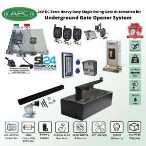 DIY Gate Opener Super Secure Kit Discreet Underground Automatic Gate System with Italian-Made Simply 24 Universal Control Box, 24V External Transformer and 20m Low Voltage Cable, APC-UG1400C Extra Heavy Duty All Metal Gears Underground Gate Motor, Adjustable Limit Switches, Safety Sensor, Electric Gate Lock, Keypad with EM card Reader, Push Button Switch, Remote Controls, Single Swing Gate Automation