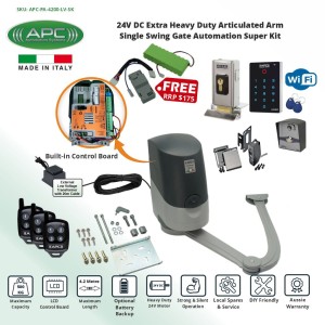 Extra Heavy Duty Italian Made Proteous PA-4200 Articulated Arm Super Kit, Single Swing Gate Opener With Battery Back-up