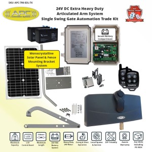 Solar Powered Gate Automation Trade Kit. APC-790 Forward/Side Mount Extra Heavy Duty Articulated System With Adjustable Limit Switches, Solar Gate Opener
