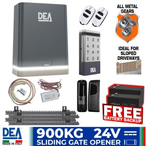 Extra Heavy Duty 900kg Sliding Gate Opener with LED/X lighting, Wireless Keypad and Wireless Safety Sensor Kit | Italian Made by DEA. Automatic Gate Opener System with All-Metal Gear Strong Sliding Gate Automation Motor, Magnetic Limits, Wireless Keypad Access Control, LED/X lighting and Wireless PE Safety Sensor. Suitable sliding gate on sloped driveways.