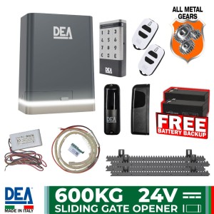 Heavy Duty 600kg Sliding Gate Opener with LED/X lighting, Wireless Keypad and Wireless PE Safety Sensor Kit | Italian Made by DEA. Automatic Gate Opener System with All-Metal Gear Strong Sliding Gate Automation Motor, Magnetic Limits, Wireless Keypad Access Control, LED/X lighting and Wireless PE Safety Sensor.
