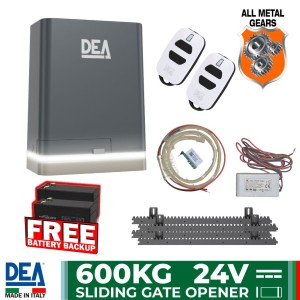 Heavy Duty 600kg Sliding Gate Opener with LED/X lighting Kit | Italian Made by DEA. Automatic Gate Opener System with All-Metal Gear Strong Sliding Gate Automation Motor, Magnetic Limits and LED/X lighting.