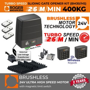 Turbo-Speed Sliding Gate Opener Super Secure Kit|100% Italian Made by Roger Technology BM30 HS BRUSHLESS Sliding Gate Automation System. Ultra High-Speed 100% Duty Cycle 400kg Brushless High Torque Engine With Magnetic Limits, Remote Controls, Reflective Safety Sensor, Two Wireless Keypad Access Controls and Weatherproof External 24V Transformer with 20m Low Voltage Cable